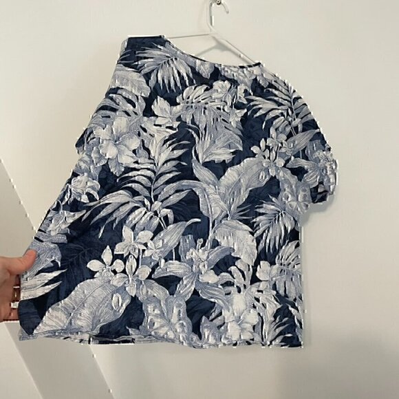 H&M L.O.G.G. V-Neck Cotton Blouse Blue Tropical Hawaiian Floral Leaf Leaves Boho - Picture 12 of 12